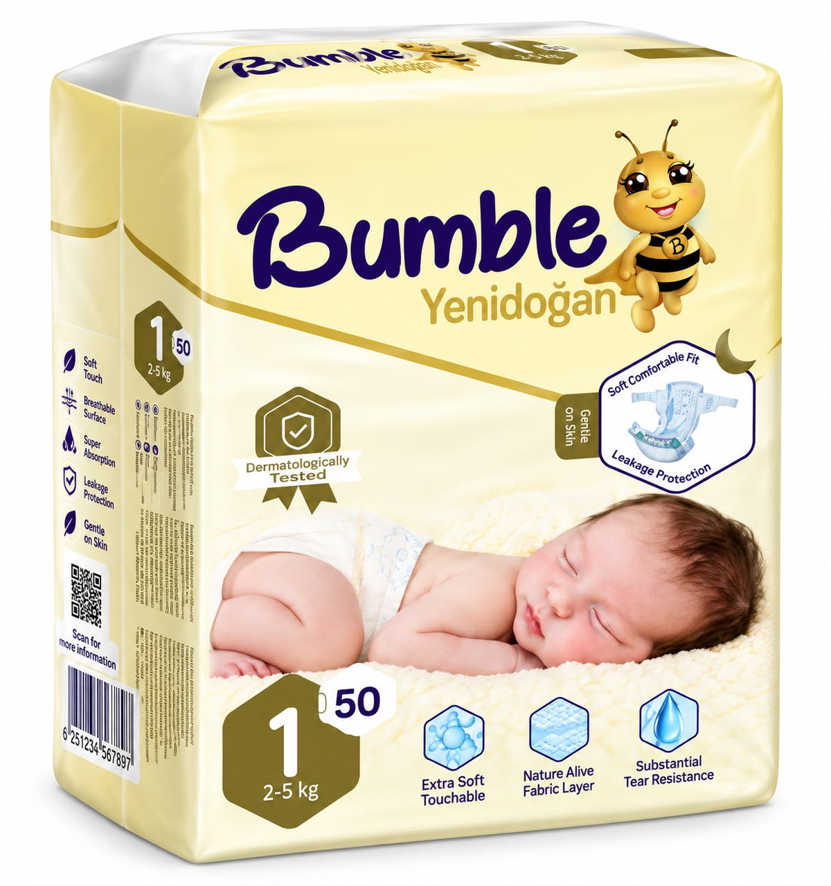 Bumble Newborn Baby Diapers Size 1 – 50 Pieces (2–5 kg)