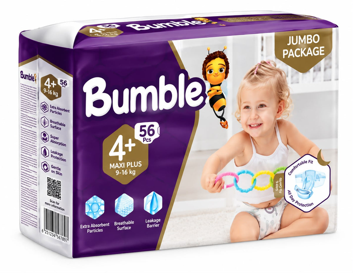 Bumble Baby Diapers Size 4+ Jumbo Pack – 56 Pieces (9–18 kg)