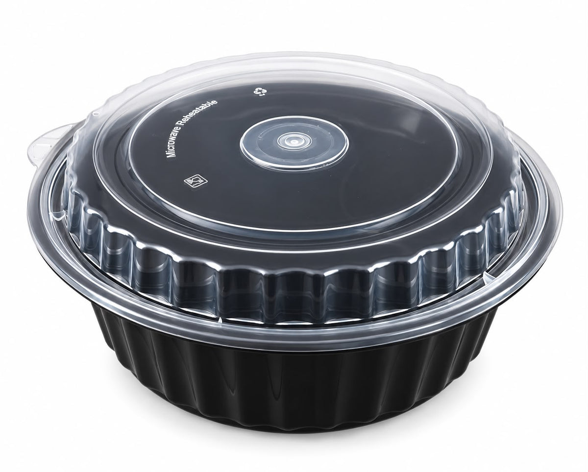 Round Black Microwave Reheatable Food Container with Clear Lid
